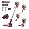 A collection of images showcasing a red and silver stick vacuum cleaner and its various attachments, presented on a white background. Produktbild-Vorschau