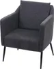 A dark gray upholstered armchair with black metal legs, presented against a plain white background.