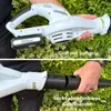 A person is holding a cordless leaf blower, with close-up shots highlighting its features. Produktbild-Vorschau