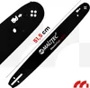A black chainsaw guide bar with measurement markings and branding. Produktbild-Vorschau