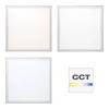 Four square panels, three showing different light intensities of a white LED panel, and one with a CCT color temperature indicator. Produktbild-Vorschau