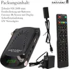 A product shot showing a digital satellite receiver, its remote control, and accessories, along with a list of package contents. Produktbild-Vorschau
