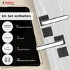 A product image showing door handles and included hardware, with text detailing the set contents. Produktbild-Vorschau