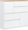 A white dresser with a wood-grain top and four drawers on the right side and two doors on the left. Produktbild-Vorschau