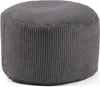 A close-up studio shot of a gray corduroy pouf.