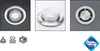 A collage of three close-up images of a sink drain and a button, along with three icons and a logo. Produktbild-Vorschau