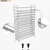 An illustration of a multi-tiered metal shelf unit, likely for storage, with zoomed-in details showing assembly components and screws. Anteprima dell’immagine prodotto