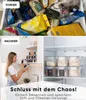Vorher-Nachher-Collage mit unordentlichen Vorratskammerartikeln versus organisierten klaren Lebensmittelaufbewahrungsbehältern in einer Küche und einem Kühlschrank Náhľad obrázku produktu