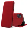 A red leather flip case for an iPhone 13 is shown, with the case open to reveal the phone's camera. Produktbild-Vorschau