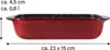A red baking dish with dimensions and volume indicated by text and arrows. Produktbild-Vorschau