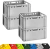 Four stacked grey plastic crates are shown from the front, with a row of colorful crates visible at the bottom. Produktbild-Vorschau