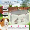 A guinea pig and rabbits in an outdoor enclosure with marketing text and feature callouts. Produktbild-Vorschau