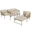 A set of outdoor furniture including a sofa, armchair, chaise lounge, and two coffee tables, arranged on a white background. Podgląd zdjęcia produktu
