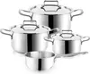 A set of four stainless steel pots and pans with lids, arranged on a white background. Náhled obrázku produktu