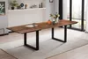 A wooden dining table with black metal legs is set in a modern dining room with a large window in the background. Produktbild-Vorschau