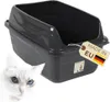 A grey litter box is shown with a white cat in the foreground. A tag indicating "Made in EU" with the German flag is attached to the litter box. Produktbild-Vorschau