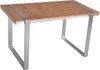 A product shot of a modern outdoor dining table with a wooden slatted top and metal legs. Produktbild-Vorschau