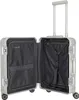 An open silver aluminum trolley with black interior lining, showing its compartments and straps. Produktbild-Vorschau