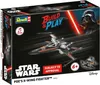 The image shows the packaging of a Star Wars Poe's X-Wing Fighter model kit from Revell. It features an illustration of the X-Wing fighter, Darth Vader, and promotional text. Produktbild-Vorschau