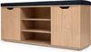 A wooden shoe cabinet with a black upholstered seat on top, shown against a white background. Náhľad obrázku produktu