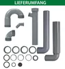 A collection of plumbing parts, including various pipe fittings and seals, arranged on a white background. Produktbild-Vorschau