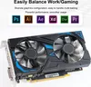 A graphics card with two fans, displayed on a white background with marketing text and software logos above it. Produktbild-Vorschau