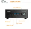 Front view of an ASUS MiniPC PN42 with labels pointing to various ports and features. Produktbild-Vorschau