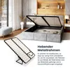 A bedroom scene with a bed and a close-up of a bed frame. Produktbild-Vorschau