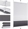 A collage of images showing different aspects of a pleated blind, including mounting hardware, close-ups of the fabric texture, and the full product in white and gray. Produktbild-Vorschau