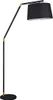 A black arc floor lamp with gold accents and a black fabric lampshade, isolated on a white background. Náhled obrázku produktu