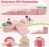 A collage of images showing pink soft play blocks for children, including a ball pit, ramps, and climbing structures. Some images show children interacting with the blocks. Anteprima dell’immagine prodotto