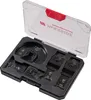 A set of metalworking accessories for a multi-tool is neatly arranged in a black plastic case with a clear lid. Produktbild-Vorschau