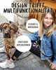 A woman and a dog sitting on a cobblestone path, with text overlays highlighting product features. Produktbild-Vorschau