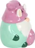 A side view of a ceramic gnome figurine with a pink hat and green body. Produktbild-Vorschau