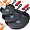 A collage of cast iron pans with food items and silicone handle covers. Produktbild-Vorschau