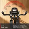 Close-up of an exercise bike's console and handlebars against a wooden background, with feature icons overlaid. Produktbild-Vorschau