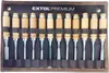 A set of 12 wood carving chisels laid out in a dark brown roll-up case. Anteprima dell’immagine prodotto