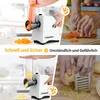 A split image showing a comparison between using an electric vegetable slicer and manual grating. The top half shows the electric slicer with carrots, and the bottom half shows it with cheese. The right side of each half shows the manual method for compari Produktbild-Vorschau