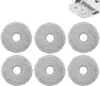 Six round, gray microfiber mop pads with a central hole are arranged in two rows of three. A small inset image in the top right shows a robotic vacuum cleaner with two similar mop pads attached. Produktbild-Vorschau