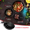 A collection of cast iron pans with food, ingredients, and text labels. Produktbild-Vorschau