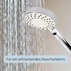 A close-up of a shower head with water spraying from it, with text overlay. Produktbild-Vorschau