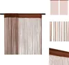 A close-up view of a brown string curtain hanging from a rod, with smaller images of the curtain and its components on the right.