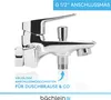 A chrome-plated bathroom faucet is shown against a white background, with text overlays highlighting its features and connection size. Produktbild-Vorschau