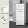 A white high-gloss bathroom cabinet with drawers and a door, shown in a bathroom setting with tiled walls and floor. Inset images highlight product features. Produktbild-Vorschau