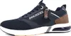 A side view of a single navy blue sneaker with brown accents. Produktbild-Vorschau