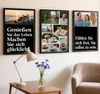 Three framed pictures with text and photos are hanging on a wall above a table with a lamp and flowers. Produktbild-Vorschau