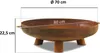 A rusty-looking fire pit with dimensions indicated by lines and text. Anteprima dell’immagine prodotto