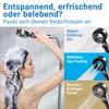 A woman is showering with a handheld showerhead, and there are marketing graphics on the right side of the image. Produktbild-Vorschau