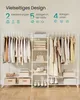 A white metal garment rack with clothes and storage boxes, featuring text overlays highlighting its design features. Produktbild-Vorschau