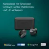 A pair of black wireless earbuds and their charging case are displayed against a teal background, with certification logos at the bottom. Produktbild-Vorschau